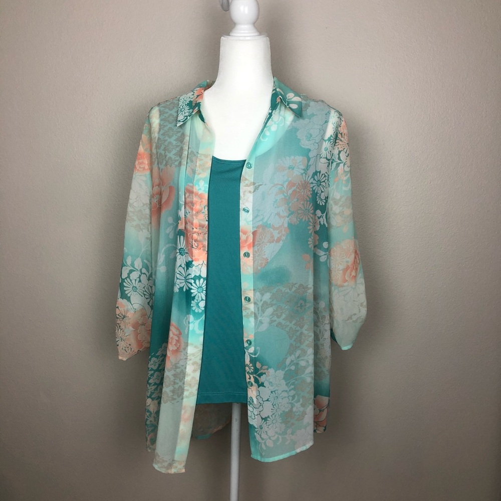 Chico’s Sheer Teal - Peach - White Roll-tab Blouse